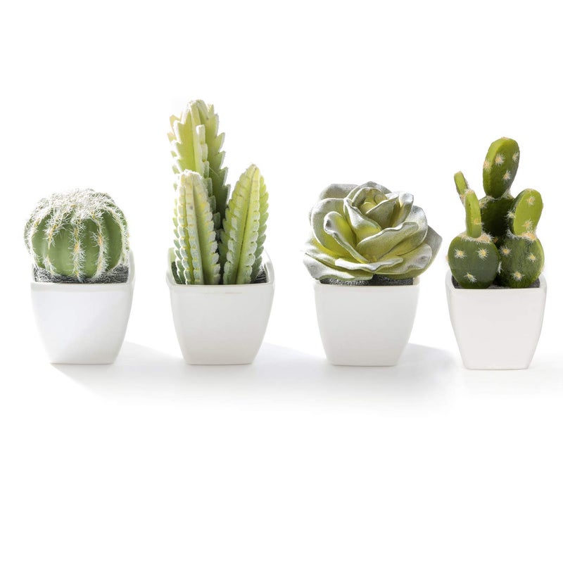 Nattol Artificial Mini Succulent & Cactus Plants in White Cube-Shaped Pots for Home Decor, Set of 4 - Image 2